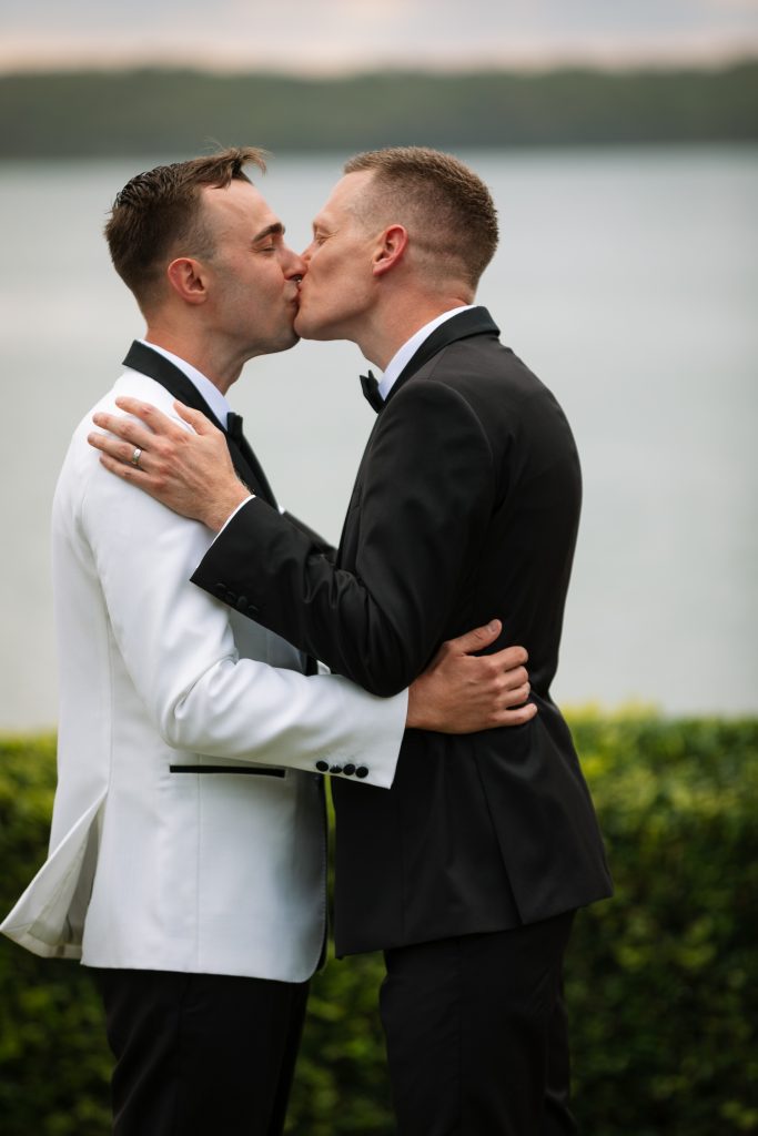 same sex marriage at raffertys resort during the ceremony first kiss
