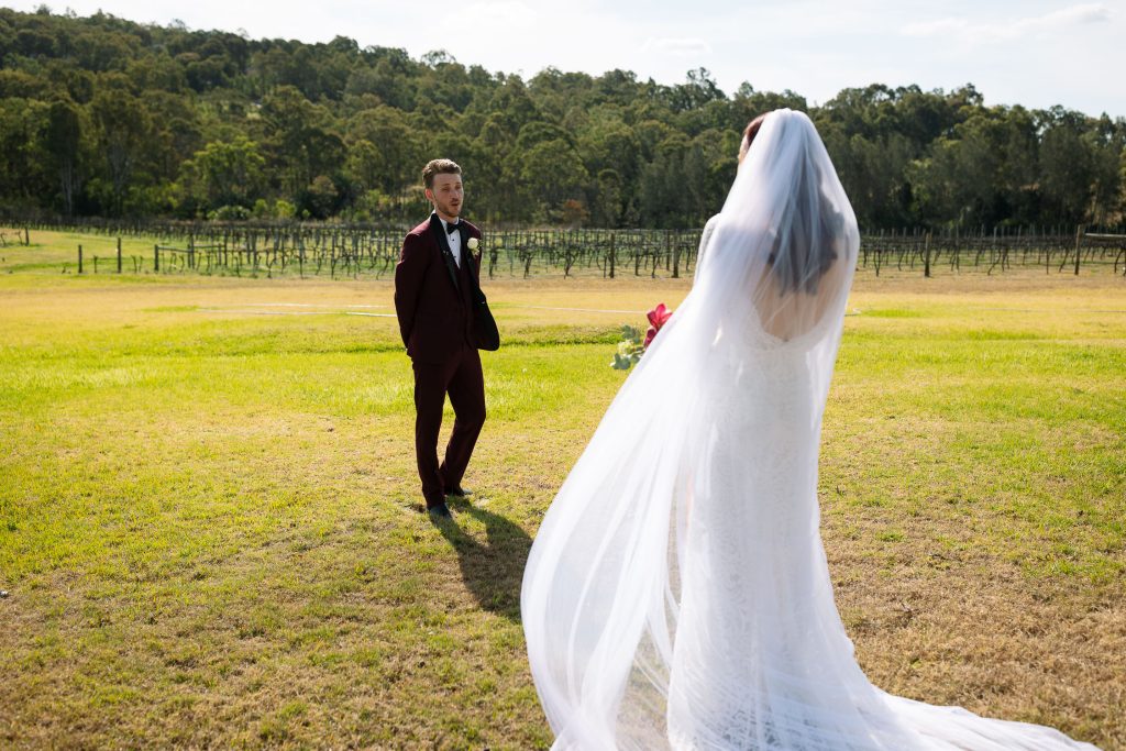 First look as at bridal prep at a wedding in the hunter valley