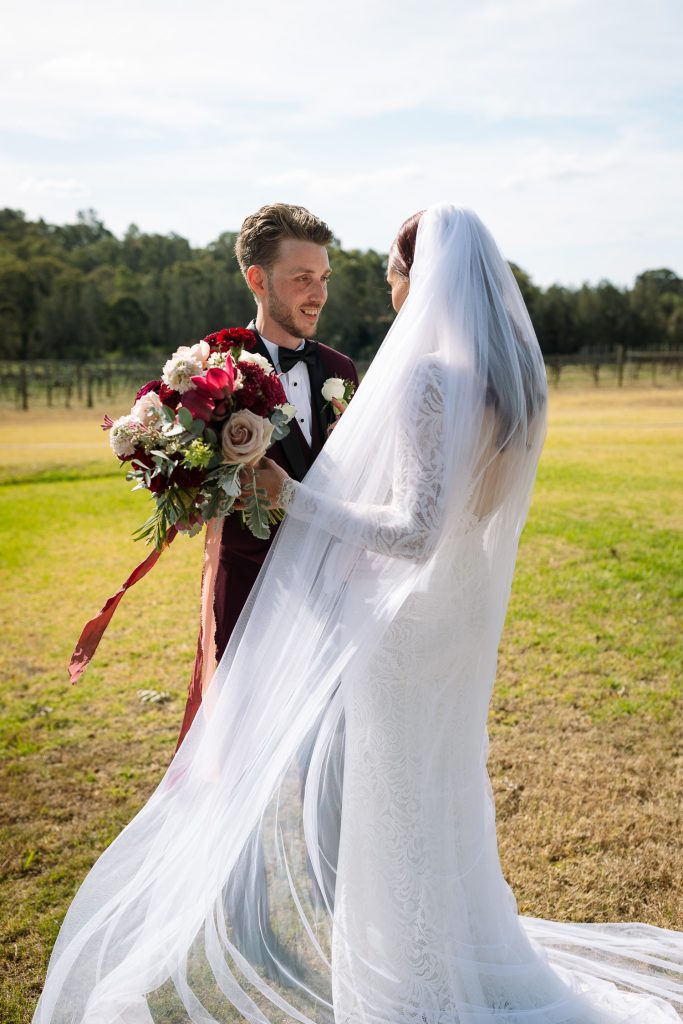 First look as at bridal prep at a wedding in the hunter valley