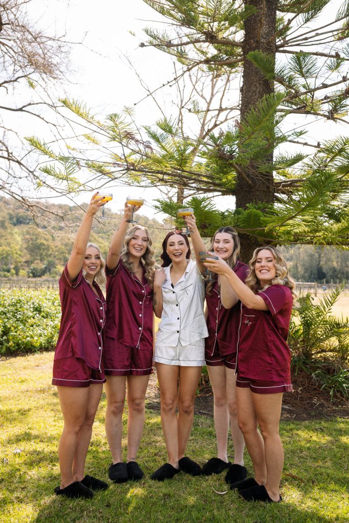 Bride with her bridesmaids during prep at her wedding in the hunter valley