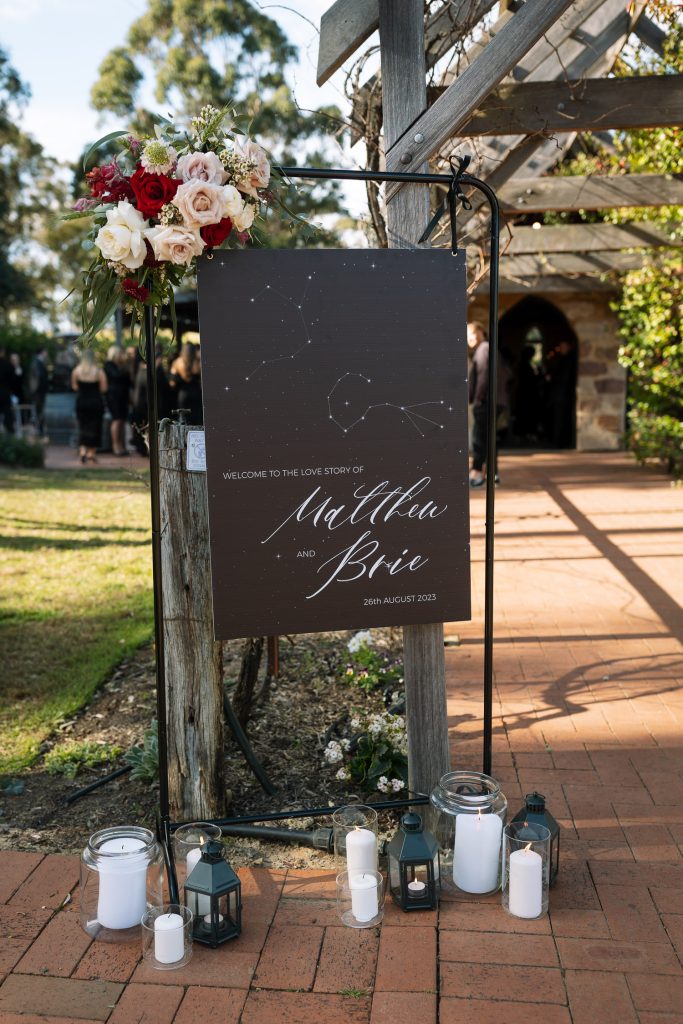 table accessories, decorations and signage at a reception at a wedding venue in the hunter valley
