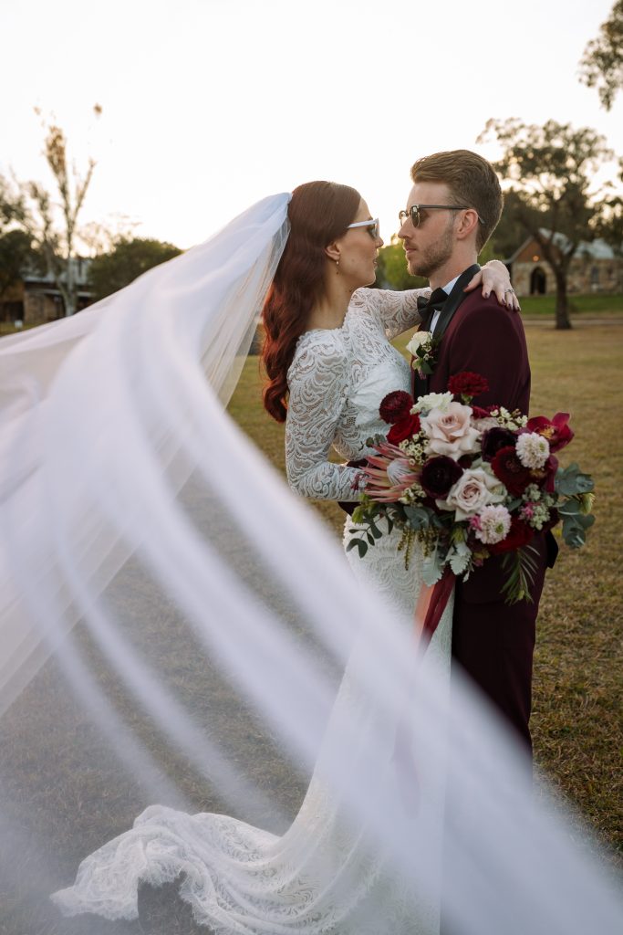 bride and groom location photos with her vale at their wedding in the hunter valley