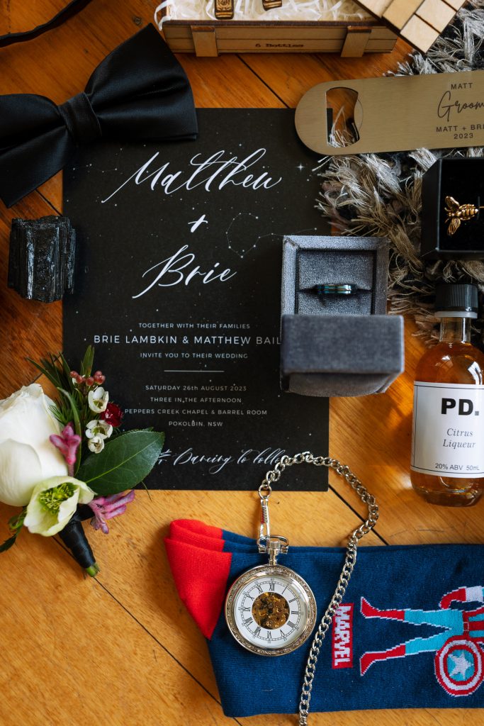 Grooms accessories during prep at his wedding in the hunter valley