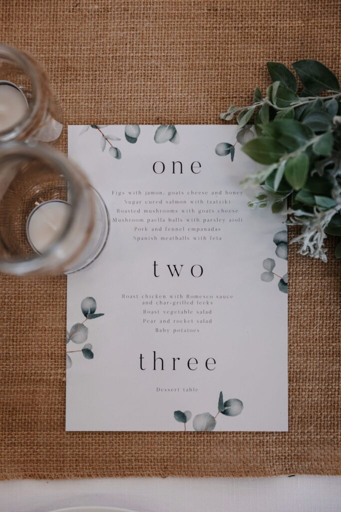 wedding menu in the hunter valley