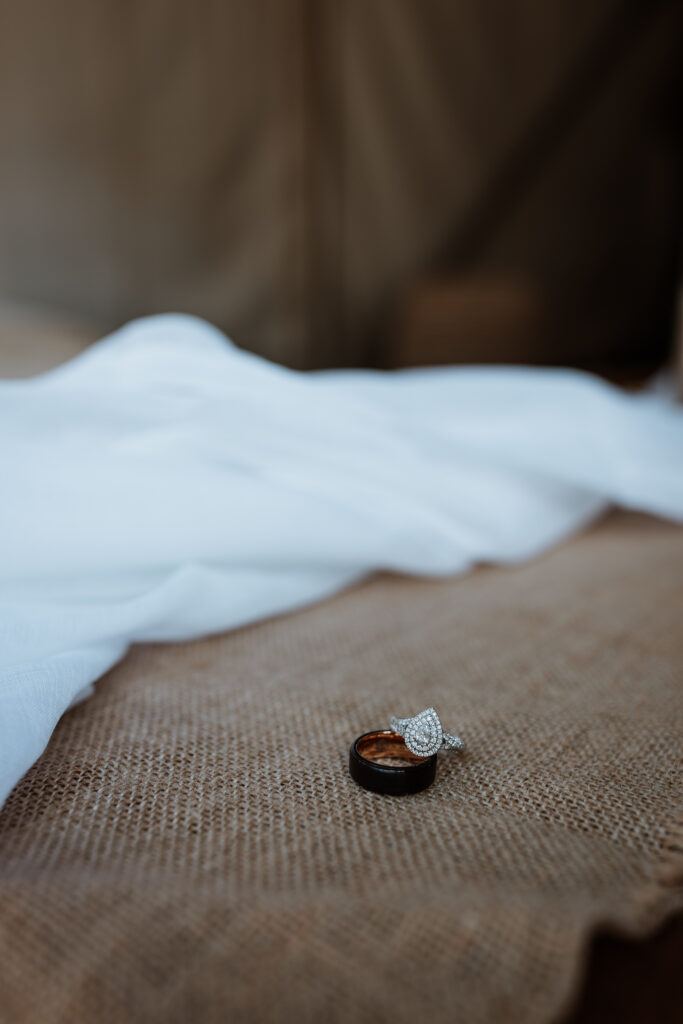 Bride and Grooms rings on a chair