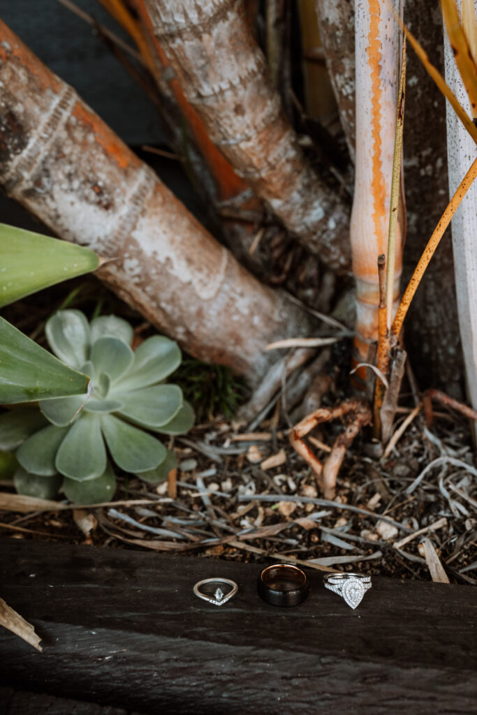 wedding rings by the pool outside with the plants