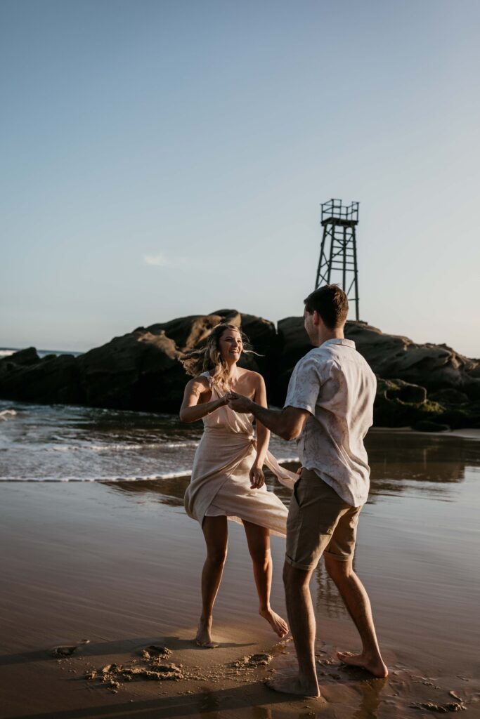 Sunset Engagement Session on Redhead beach first dance, NSW