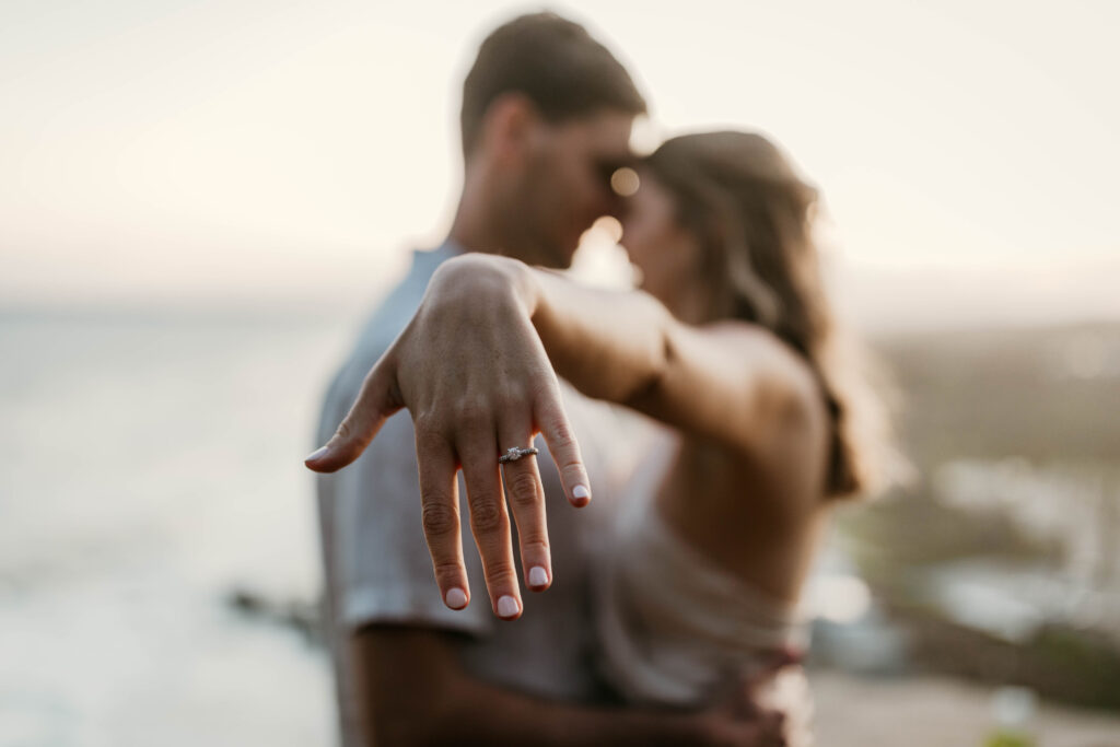 Engagement ring at Sunset Engagement Session on Redhead beach, NSW