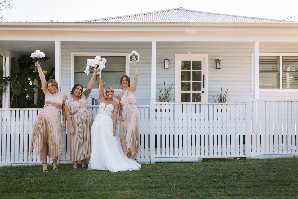 Bridesmaids and the bride at bridal prep whilst getting ready in the hunter valley